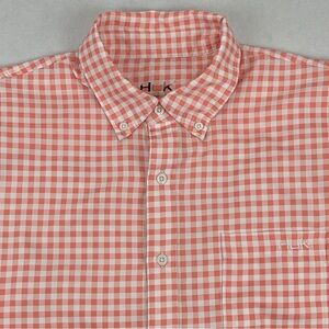 Huk Vented Shirt Mens Medium Orange Check Short Sleeve Button Up Casual Outdoor